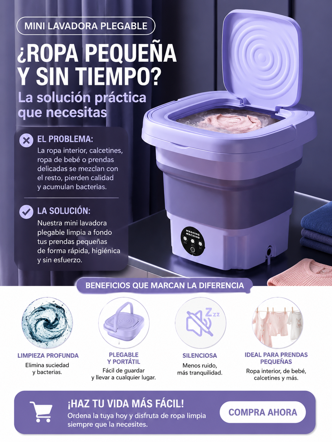 🧺 MiniWash™ | La Mini Lavadora Plegable que Lava, Centrifuga y Ahorra Espacio