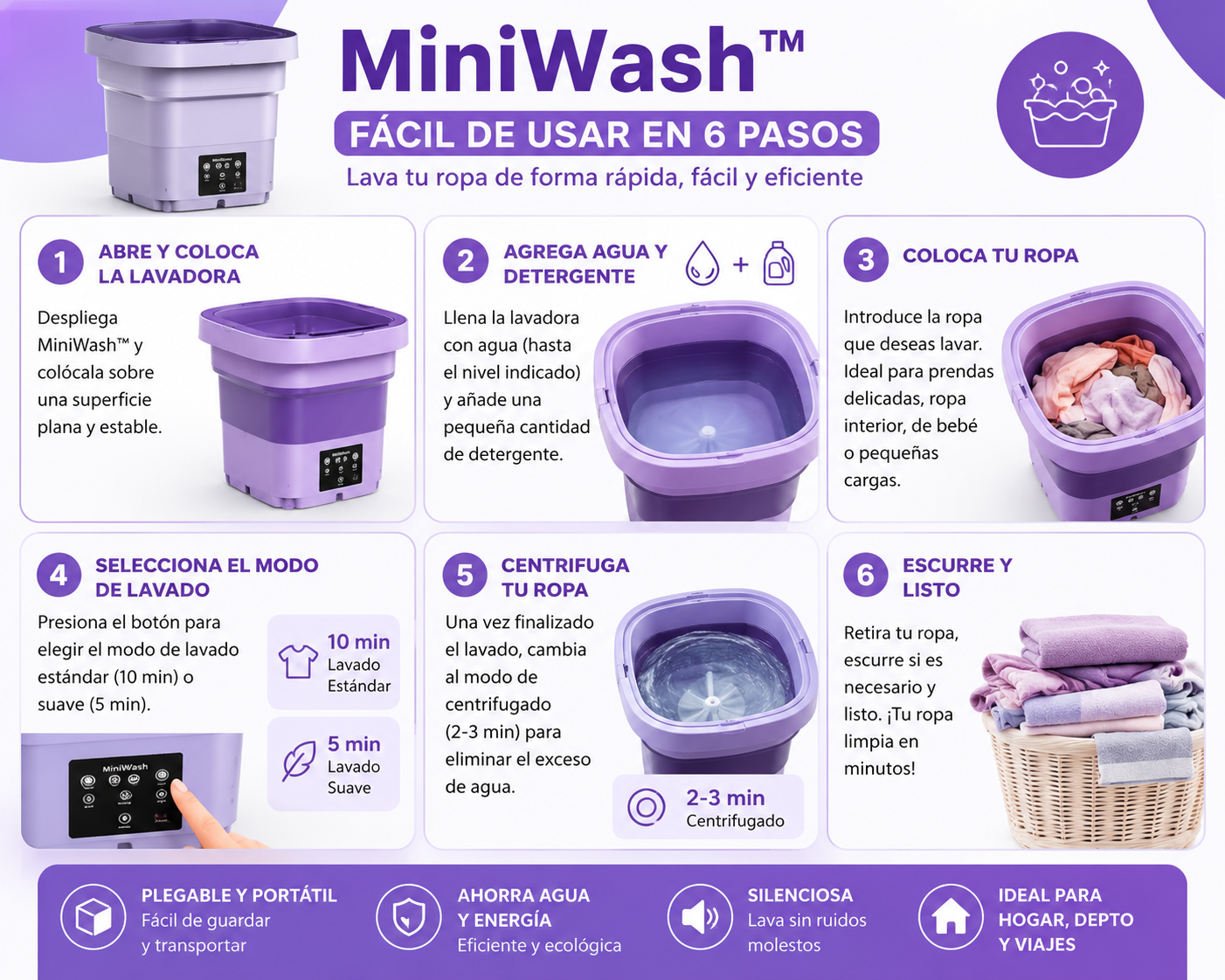 🧺 MiniWash™ | La Mini Lavadora Plegable que Lava, Centrifuga y Ahorra Espacio